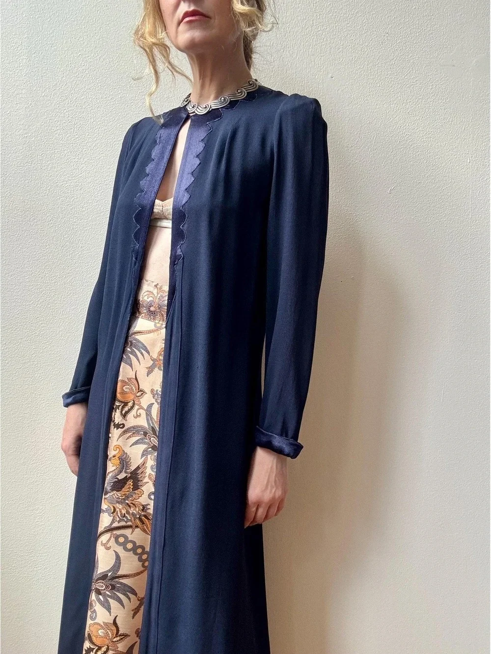 Vintage 1940s Lightweight Navy Satin Trimmed Duster Cardigan